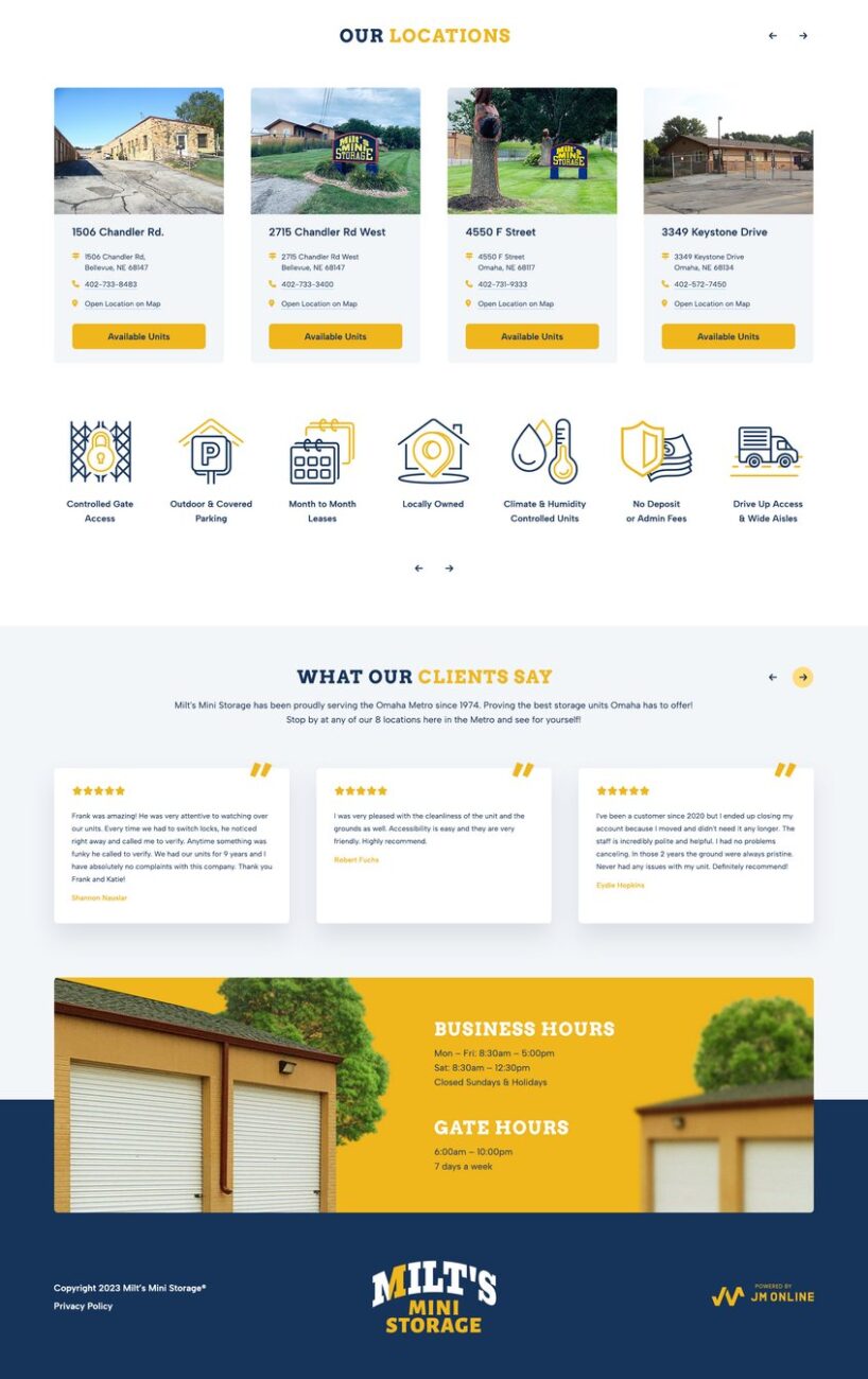 Milt's Mini Storage — lower page sections